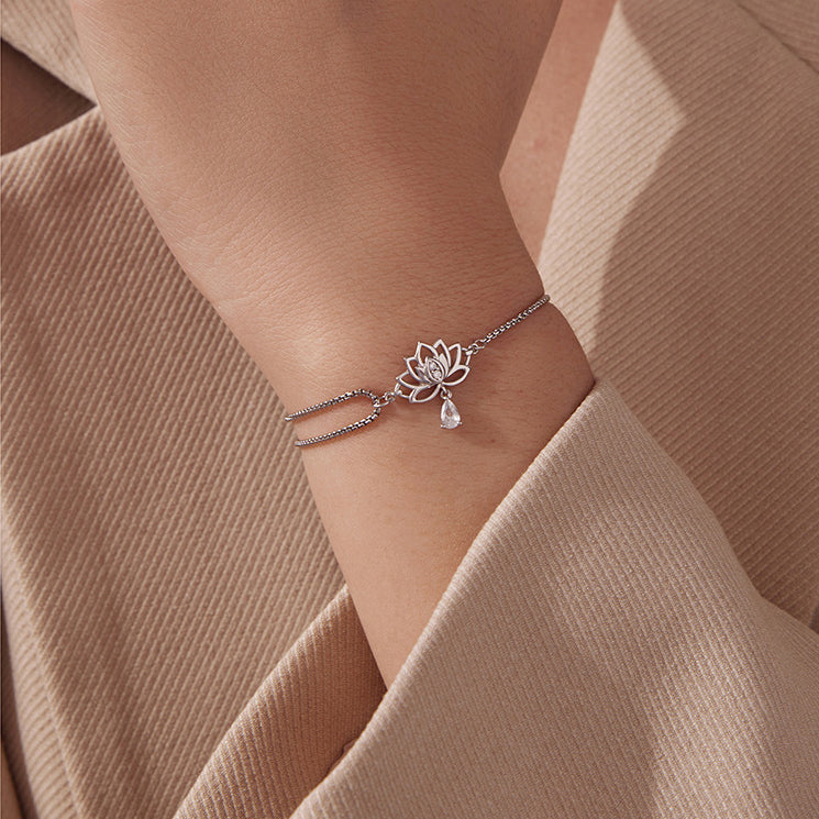 Adjustable Lotus Drawstring Sterling Silver Bracelet