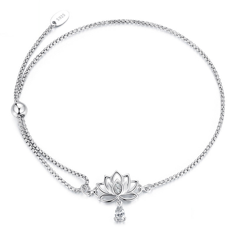 Adjustable Lotus Drawstring Sterling Silver Bracelet