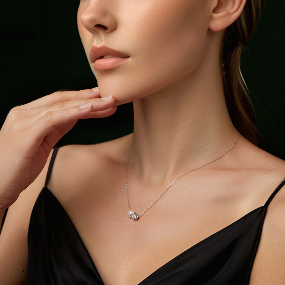 Rose Shape Moissanite Pearl Pendant Necklace